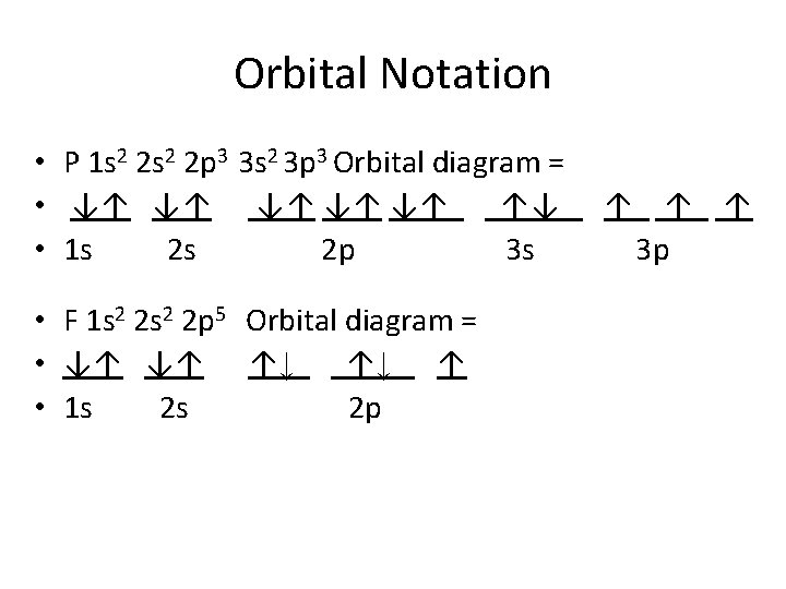 Orbital Notation • P 1 s 2 2 p 3 3 s 2 3