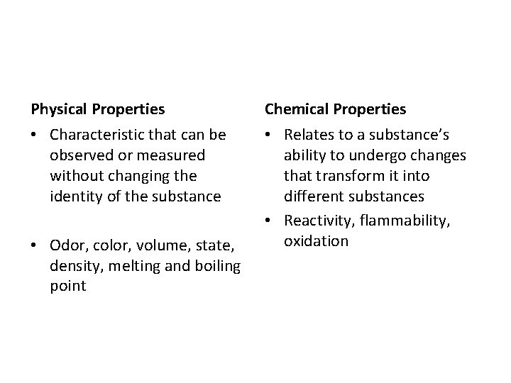 Physical Properties Chemical Properties • Characteristic that can be observed or measured without changing