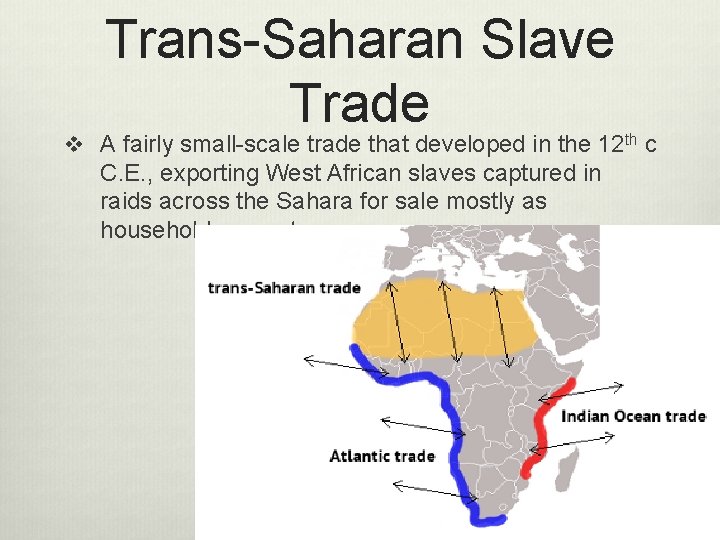 Trans-Saharan Slave Trade v A fairly small-scale trade that developed in the 12 th Trans-Saharan Slave Trade v A fairly small-scale trade that developed in the 12 th