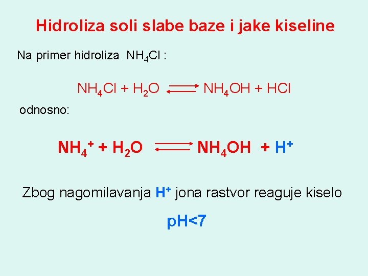 Hidroliza soli slabe baze i jake kiseline Na primer hidroliza NH 4 Cl :