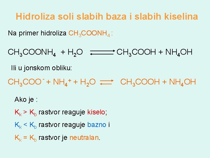 Hidroliza soli slabih baza i slabih kiselina Na primer hidroliza CH 3 COONH 4