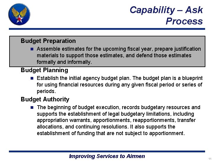 Capability – Ask Process Budget Preparation n Assemble estimates for the upcoming fiscal year,