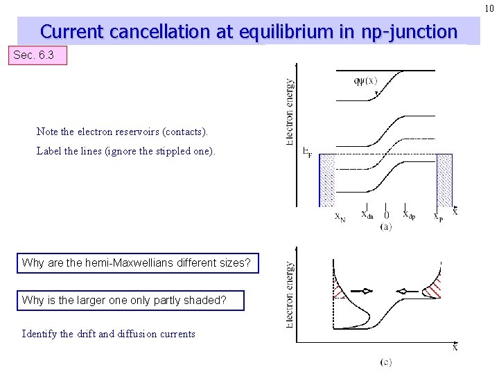 10 Current cancellation at equilibrium in np-junction Sec. 6. 3 Note the electron reservoirs 10 Current cancellation at equilibrium in np-junction Sec. 6. 3 Note the electron reservoirs