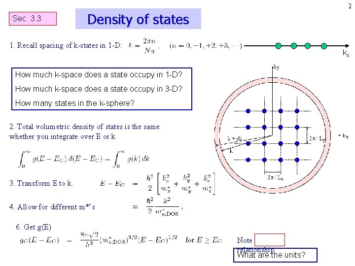 2 Sec. 3. 3 Density of states 1. Recall spacing of k-states in 1 2 Sec. 3. 3 Density of states 1. Recall spacing of k-states in 1