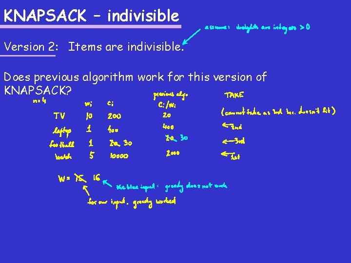 KNAPSACK – indivisible Version 2: Items are indivisible. Does previous algorithm work for this