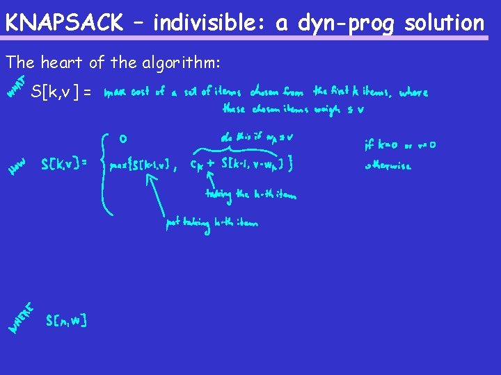 KNAPSACK – indivisible: a dyn-prog solution The heart of the algorithm: S[k, v ]