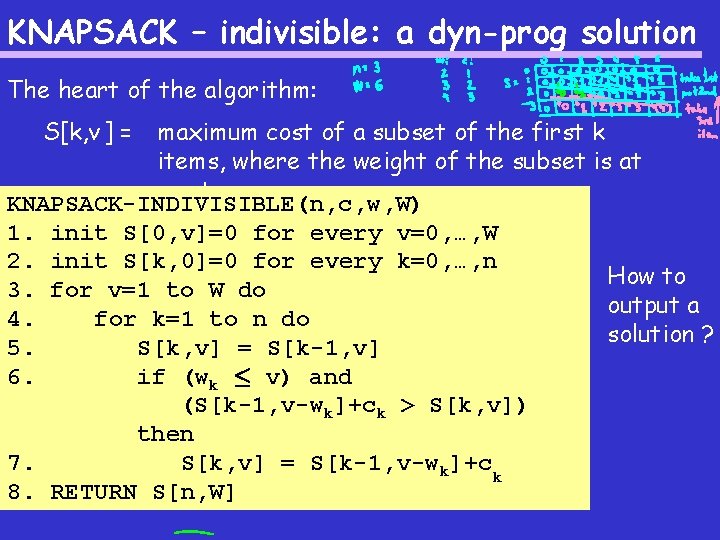 KNAPSACK – indivisible: a dyn-prog solution The heart of the algorithm: S[k, v ]