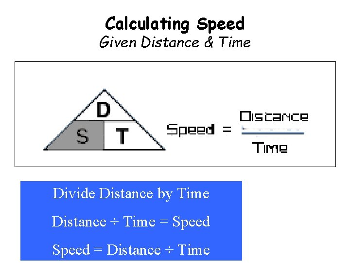 Calculating Speed Given Distance & Time Divide Distance by Time Divide Distance ÷ Time