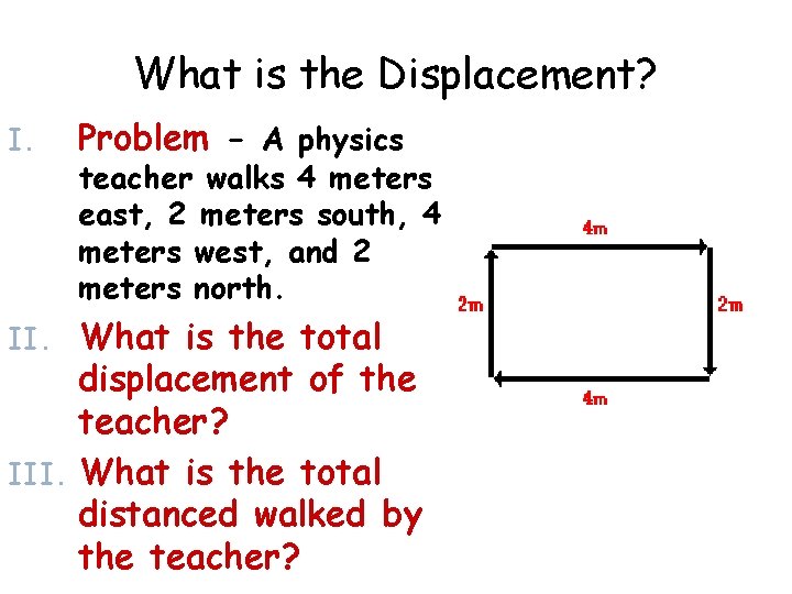 What is the Displacement? I. Problem - A physics teacher walks 4 meters east,