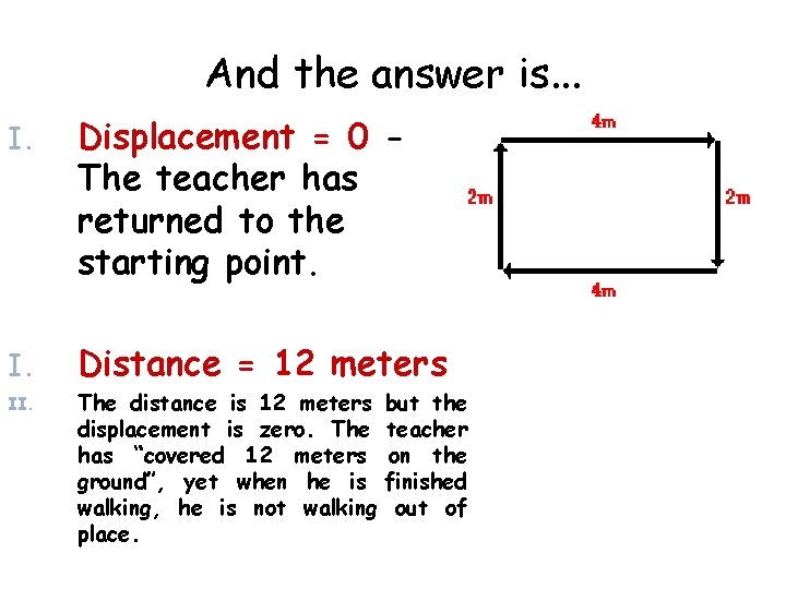 And the answer is. . . I. Displacement = 0 The teacher has returned