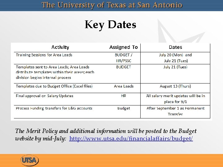 Key Dates The Merit Policy and additional information will be posted to the Budget