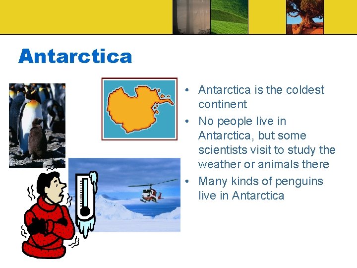 Antarctica • Antarctica is the coldest continent • No people live in Antarctica, but