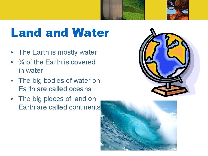 Land Water • The Earth is mostly water • ¾ of the Earth is