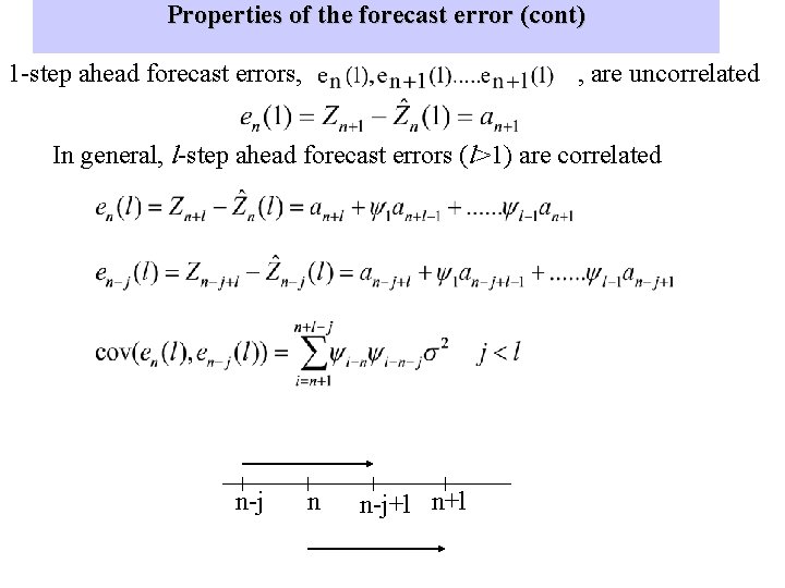 Properties of the forecast error (cont) 1 -step ahead forecast errors, , are uncorrelated