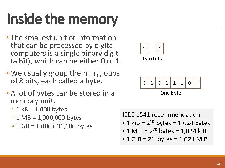 Inside the memory • The smallest unit of information that can be processed by