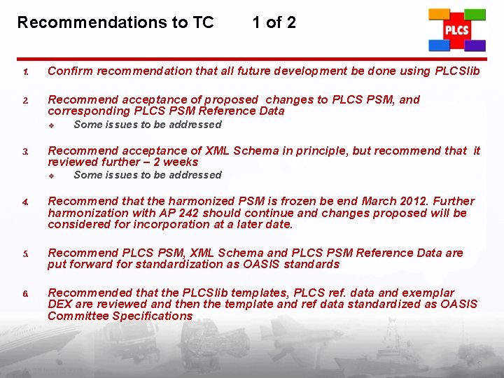 Recommendations to TC 1 of 2 1. Confirm recommendation that all future development be