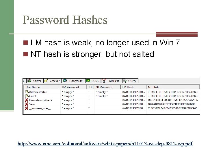 Password Hashes n LM hash is weak, no longer used in Win 7 n