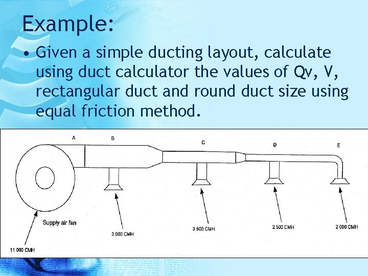 Example: • Given a simple ducting layout, calculate using duct calculator the values of