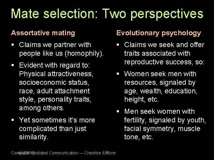 Mate selection: Two perspectives Assortative mating Evolutionary psychology § Claims we partner with people