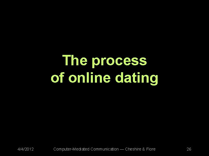 The process of online dating 4/4/2012 Computer-Mediated Communication — Cheshire & Fiore 26 