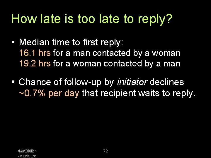 How late is too late to reply? § Median time to first reply: 16.