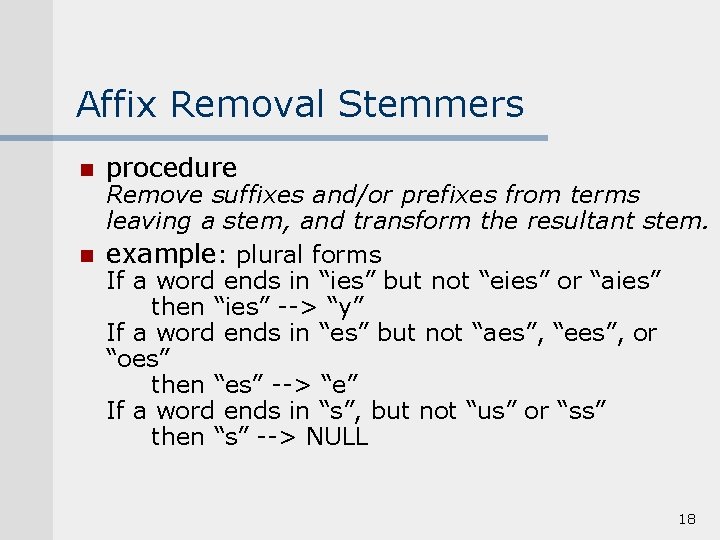 Affix Removal Stemmers n procedure Remove suffixes and/or prefixes from terms leaving a stem,