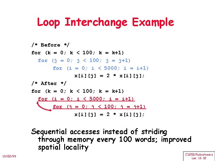 Loop Interchange Example /* Before */ for (k = 0; k < 100; k