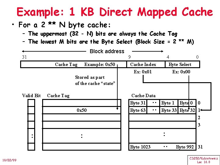 Example: 1 KB Direct Mapped Cache • For a 2 ** N byte cache: