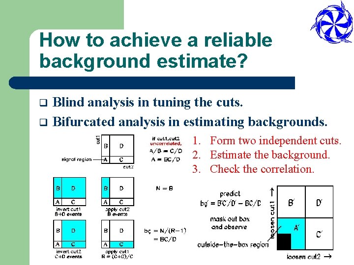 How to achieve a reliable background estimate? Blind analysis in tuning the cuts. q