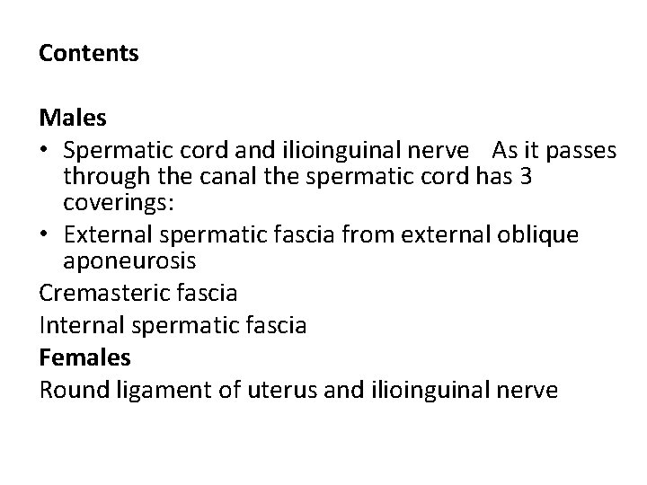 Contents Males • Spermatic cord and ilioinguinal nerve As it passes through the canal