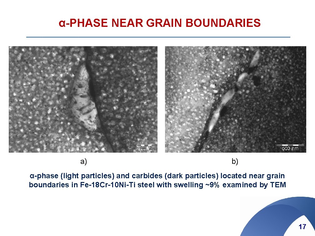 α-PHASE NEAR GRAIN BOUNDARIES a) b) α-phase (light particles) and carbides (dark particles) located