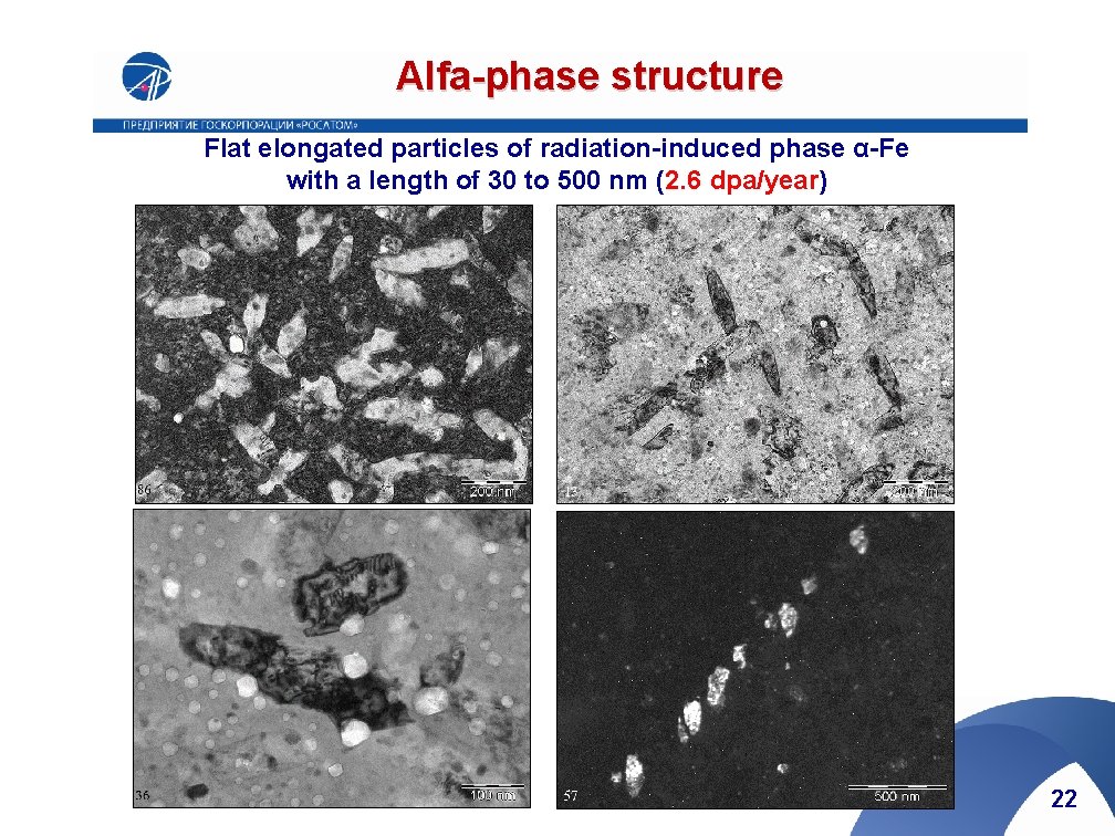 Alfa-phase structure Flat elongated particles of radiation-induced phase α-Fe with a length of 30