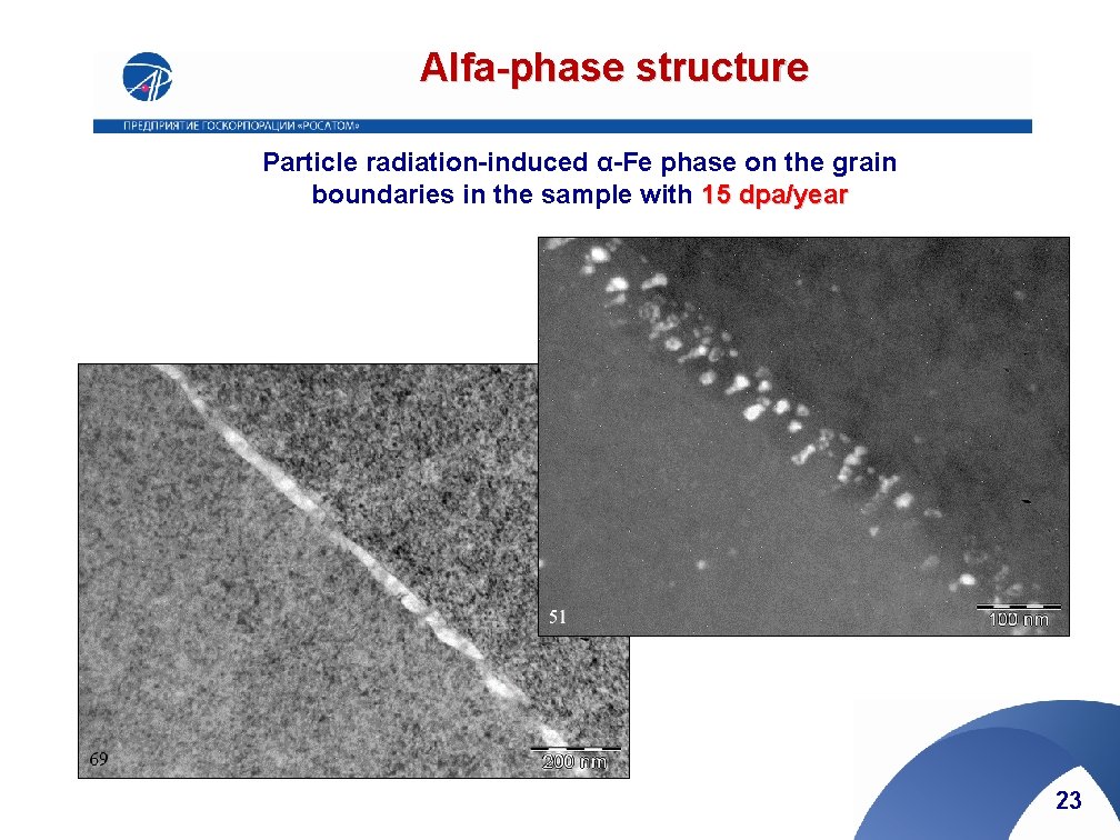 Alfa-phase structure Particle radiation-induced α-Fe phase on the grain boundaries in the sample with