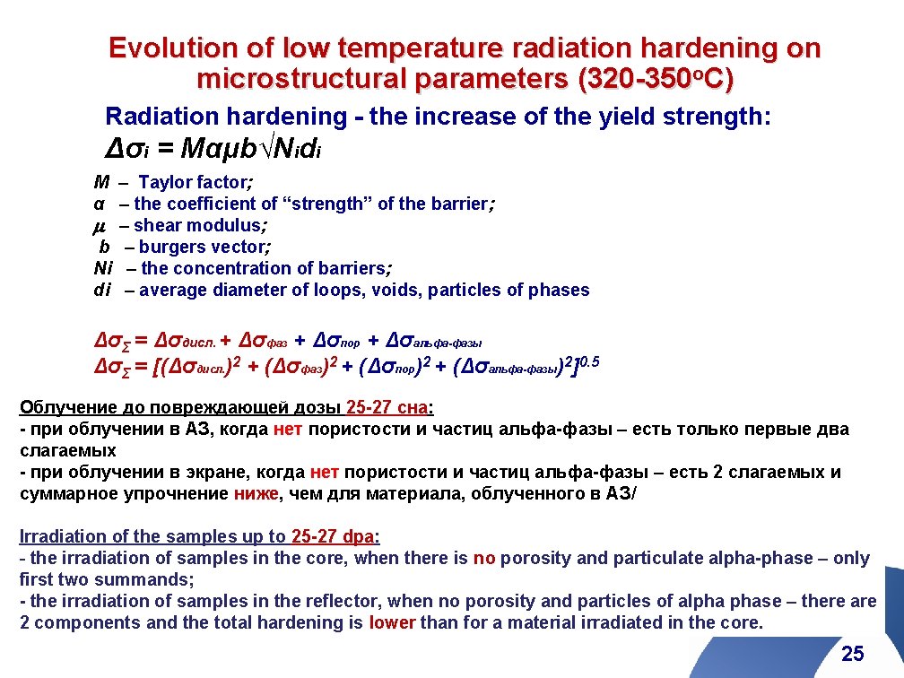 Evolution of low temperature radiation hardening on microstructural parameters (320 -350 o. C) Radiation
