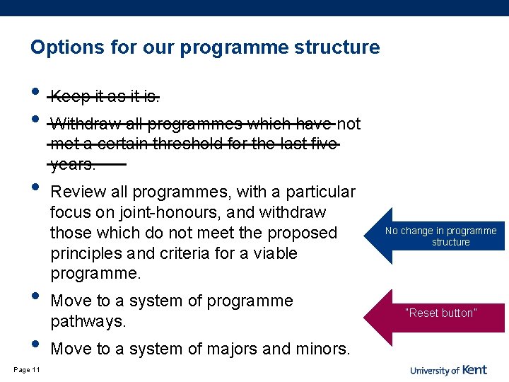 Options for our programme structure • • • Page 11 Keep it as it