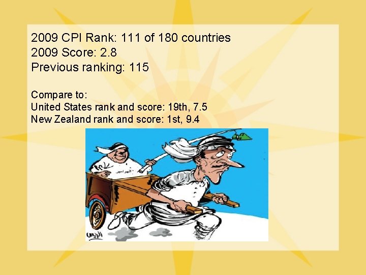 2009 CPI Rank: 111 of 180 countries 2009 Score: 2. 8 Previous ranking: 115