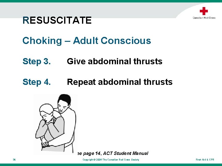 RESUSCITATE Choking – Adult Conscious Step 3. Give abdominal thrusts Step 4. Repeat abdominal RESUSCITATE Choking – Adult Conscious Step 3. Give abdominal thrusts Step 4. Repeat abdominal