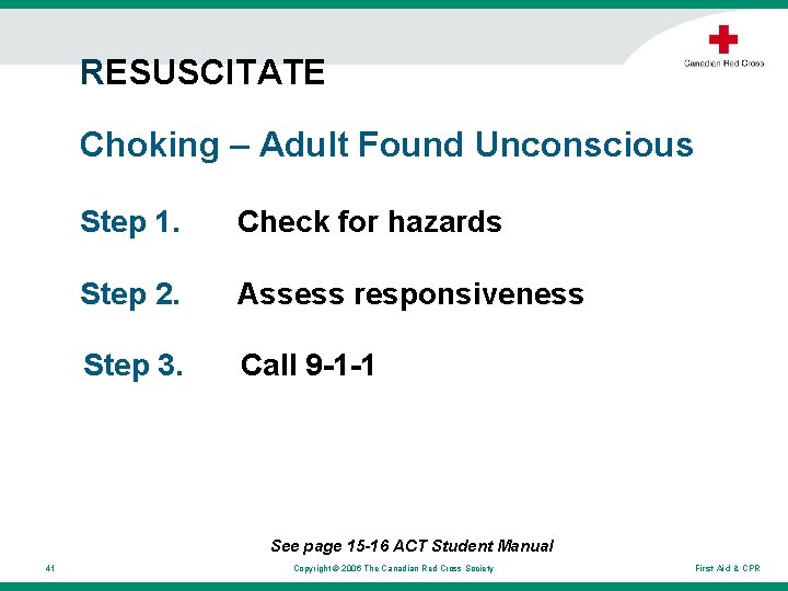 RESUSCITATE Choking – Adult Found Unconscious Step 1. Check for hazards Step 2. Assess RESUSCITATE Choking – Adult Found Unconscious Step 1. Check for hazards Step 2. Assess