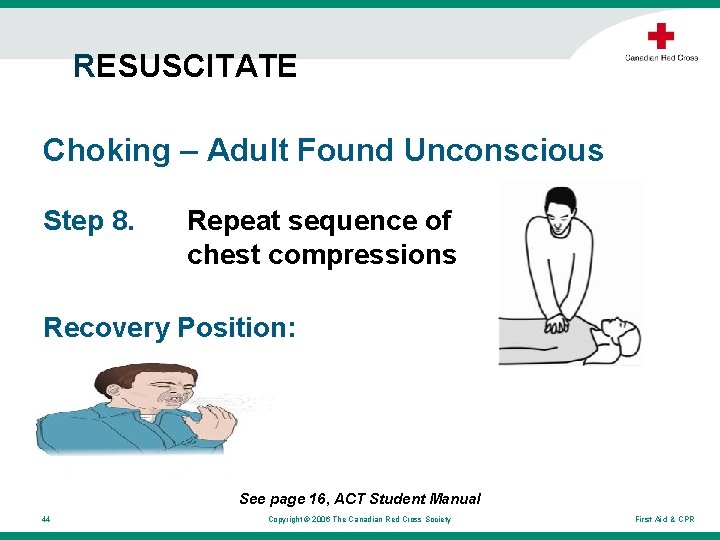 RESUSCITATE Choking – Adult Found Unconscious Step 8. Repeat sequence of chest compressions Recovery RESUSCITATE Choking – Adult Found Unconscious Step 8. Repeat sequence of chest compressions Recovery