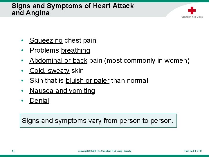 Signs and Symptoms of Heart Attack and Angina • • Squeezing chest pain Problems Signs and Symptoms of Heart Attack and Angina • • Squeezing chest pain Problems