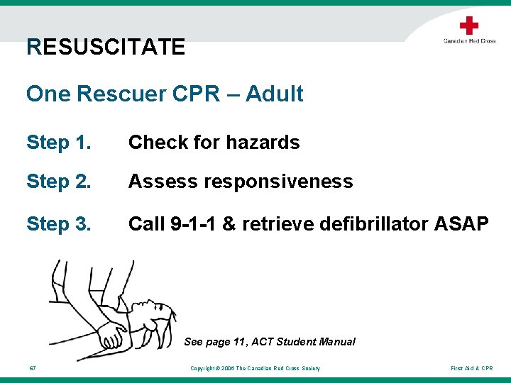 RESUSCITATE One Rescuer CPR – Adult Step 1. Check for hazards Step 2. Assess RESUSCITATE One Rescuer CPR – Adult Step 1. Check for hazards Step 2. Assess