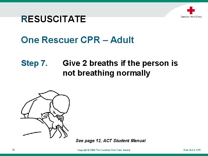 RESUSCITATE One Rescuer CPR – Adult Step 7. Give 2 breaths if the person RESUSCITATE One Rescuer CPR – Adult Step 7. Give 2 breaths if the person