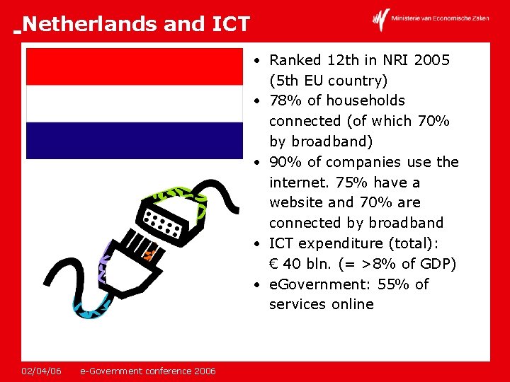 Netherlands and ICT • Ranked 12 th in NRI 2005 (5 th EU country)