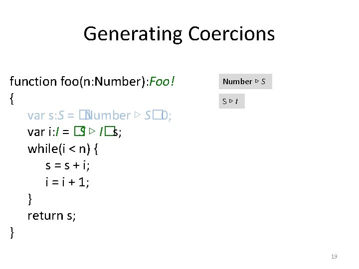 Generating Coercions function foo(n: Number): Foo! { var s: S = �Number ▷ S�