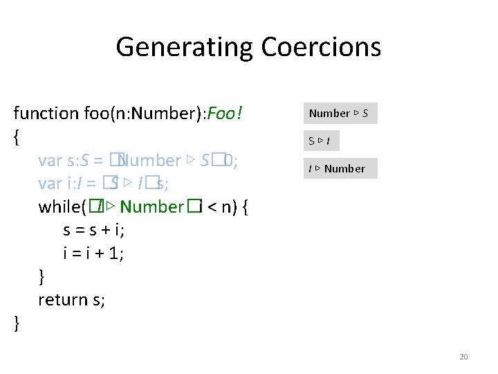 Generating Coercions function foo(n: Number): Foo! { var s: S = �Number ▷ S�