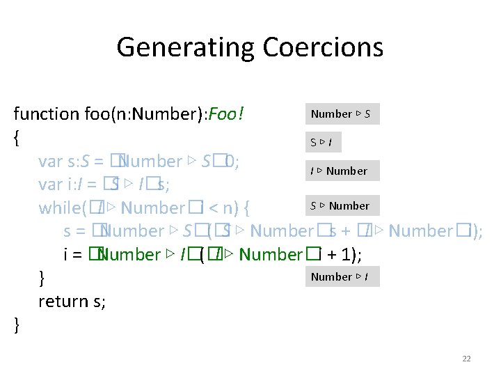 Generating Coercions Number ▷ S function foo(n: Number): Foo! { S▷I var s: S