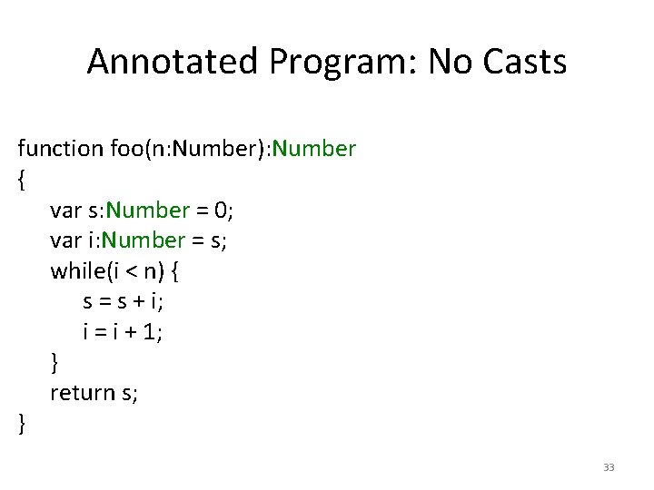 Annotated Program: No Casts function foo(n: Number): Number { var s: Number = 0;