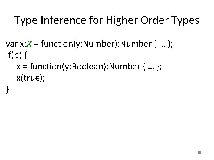 Type Inference for Higher Order Types var x: X = function(y: Number): Number {