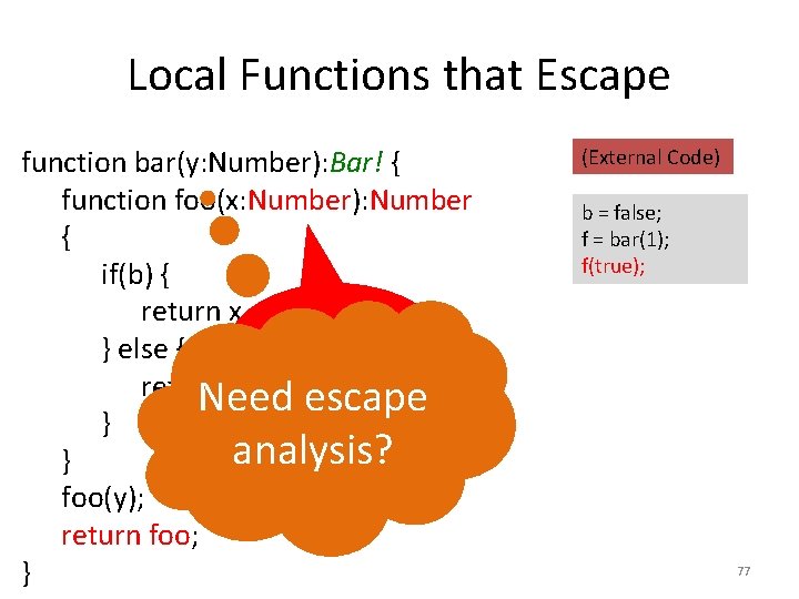 Local Functions that Escape function bar(y: Number): Bar! { function foo(x: Number): Number {