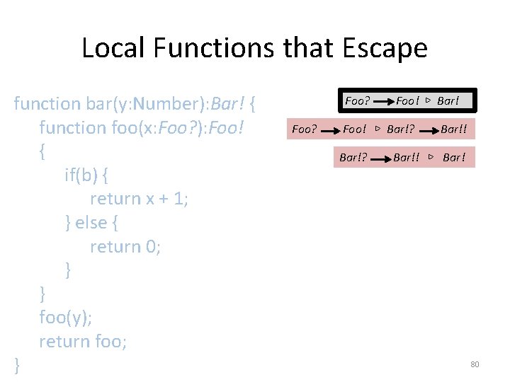 Local Functions that Escape function bar(y: Number): Bar! { function foo(x: Foo? ): Foo!